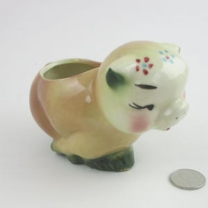 Vtg Japan PIG PLANTER, Handpainted, approx. 3.75 in. h x 5.5 in. lg, Pottery, Some Crazing,  Unknown Maker
