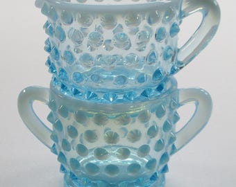Vtg Blue Mini Fenton Hobnail Creamer and Sugar Bowl, approx. 2.25 in. high x 2 in. dia., Unmarked Fenton, Collectible, Very Good Condition