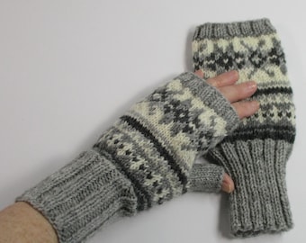 Hand Knit Norwegian Fair Isle Fingerless Mitts, Charcoal, Gray, White Wool Yarn,Long Cuffs, Womens, Hand Knit, Cozy Warm, Texting Gloves
