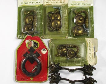 Lot of Vtg Drawer Pulls, Door Handles, Pulls, Ant Brass Finish, Bronze Finish, Cast Iron Pull, Sears,  Most New in Pkg, Very Good Condition