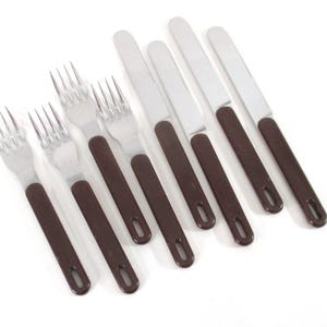 Vtg Oneida Northland Colormate Brown Plastic Handled Cutlery, 4 Forks, 4 Knives, Marked Stainless Steel, Japan