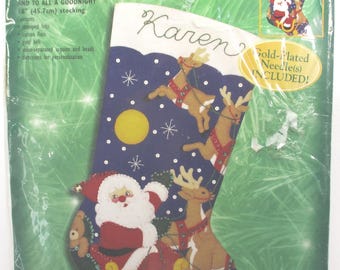 1990s Bucilla 84253 TO ALL A GOODNIGHT Felt Christmas Stocking Kit, to Make 18 in. lg Stocking, All Materials Included, New in Pkg