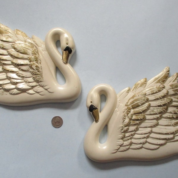 Vintage 1968 Miller Studio SWANS Chalkware Wall Plaques, Ivory and Gold, approx. 9.75 in. wide x 7.25 in. high, Retro Wall Decor, Kitschy