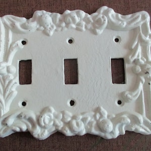 1970s Triple Switchplate, Shabby White Finish w Roses Border, 5 in. h x 6.25 in. w. x .5 in., Cottage Chic, with Screws, Good Condition