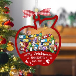 Custom Apple Teacher Shaker Ornament, Custom Crayon Student Teacher Name Sign, Personalized Christmas Gift For Teacher