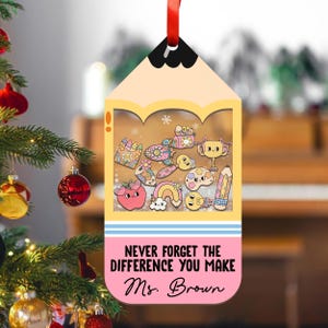 Custom Pencil Teacher Shaker Ornament, Custom Retro Pencil Student Teacher Name Sign, Personalized Christmas Gift For Teacher