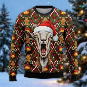 Goat Christmas Sweater, Funny Goat Holiday Sweatshirt, Gingerbread Candy Cane Xmas, Farm Animal Christmas Jumper, Festive Winter Sweater
