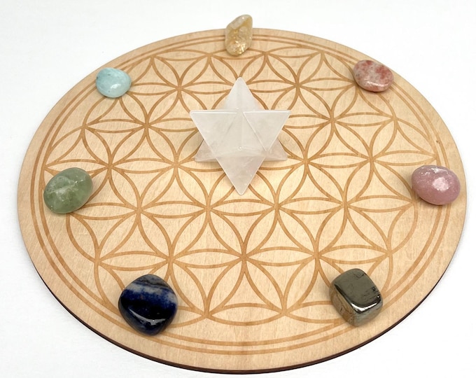 25cm Flower of Life Grid Board & Crystal Set | Crystal Board, Merkaba Star, Crystal Tumbled Stone, Merkaba, Merkaba Crystal, Merkaba Quartz | Merkaba Star | Hand-picked | AU