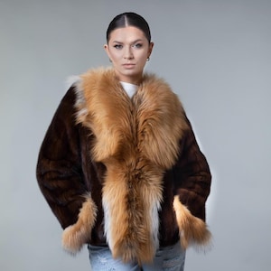 Women’s Brown Mink Fox Tuxedo Fur Coat sfgr