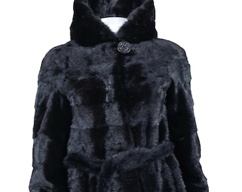 ゴージャスな本物のブラックミンク毛皮ロングコート（フード付き
