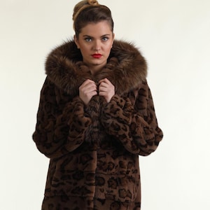 Brown Mink Fur Coat - Hooded with Printed Design and Fox Trim