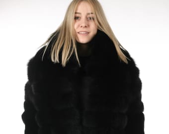 高級ブラックフォックスファーコート、フルレングス、ダブルフード