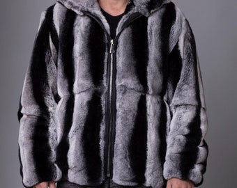 MEN'S REX FUR in Chinchilla Color Short Jacket With Big Hood!brand