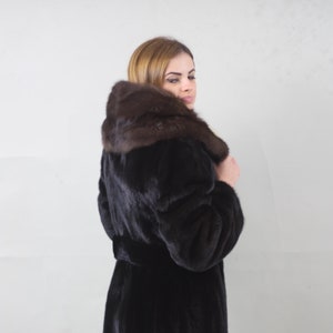 Black Mink Coat with Sable Fur Hood and Mink Belt – Knee-Length Elegance