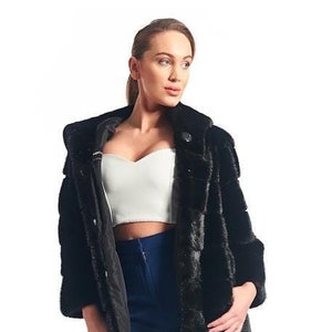 Women’s Black Mink Fur Coat Hooded jewaq