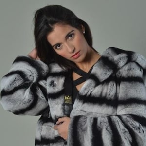 Luxurious Rex Rabbit Fur Coat Hooded - Chinchilla Color Dyed