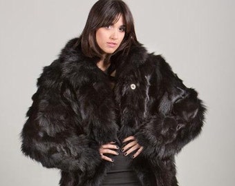 高級ブラックフォックスファーコート、フルレングス、ダブルフード