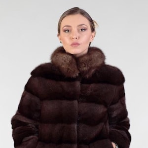 Brown Mink Fur Coat Waist Length With Fox collar