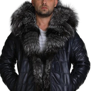 Mens Silver Fox Reversible Blue Leather  Fur Coat