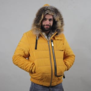 Mens Gray Fox Yellow Parka  Fur Coat