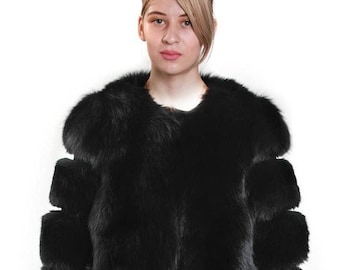 高級ブラックフォックスファーコート、フルレングス、ダブルフード