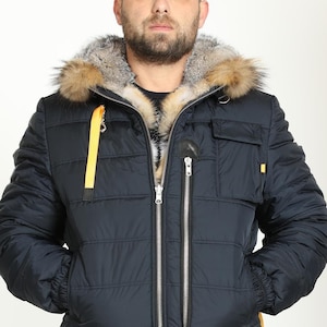 Double-Sided Fox Men’s Fur Coat - Hooded Parka with Zipper Closure