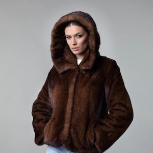 Women’s Brown Mink Fur Coat Hooded salocv