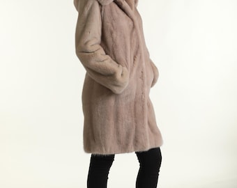 Beige Mink | Fur Coat | Hooded | Above Knee Length