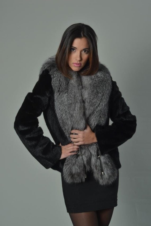 シルバーフォックスカラーの豪華なブラックミンクファーコート - Etsy 日本
