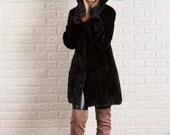 Demi-buff Real Mink Fur Coat With Sable Hood. Winter Coat, Long