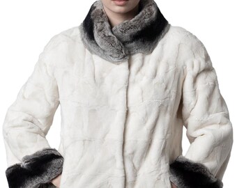 White Mink Fur Coat | Rex Rabbit Collar and Cuffs