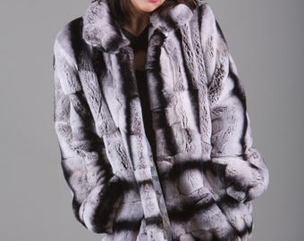 REX in Chinchila Color Fur Coat With Fox Collar!brand New Real