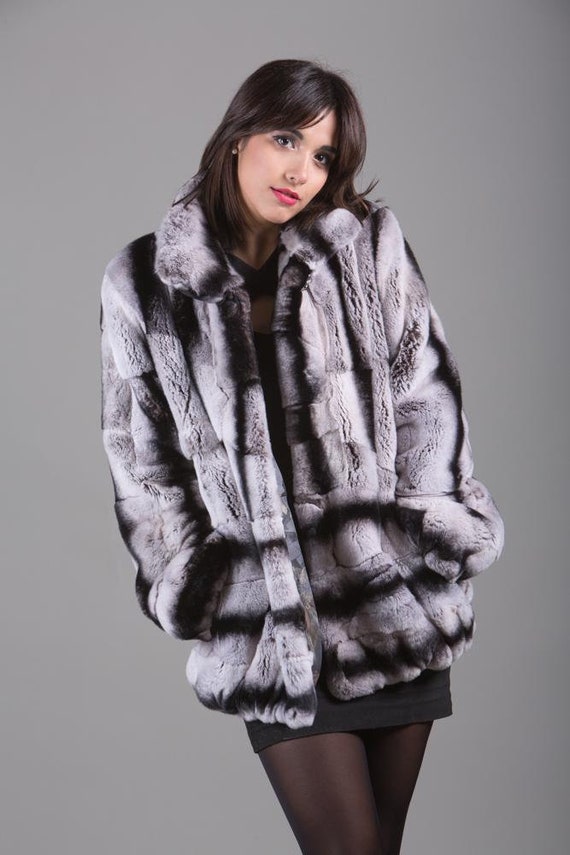 Manteau En Fourrure Véritable Lapin Rex - Couleur Chinchilla - Pour Femme - Hiver Élégant - Neuf (Sans Étiquette)