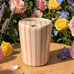 Pu&ograve; includere: Un vaso in ceramica con base beige e strisce rosa verticali. Il vaso ha una forma rettangolare arrotondata con un unico foro nella parte superiore. Il vaso &egrave; appoggiato su una superficie di legno, circondato da fiori colorati.