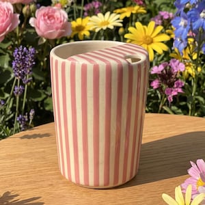 Pu&ograve; includere: Un bicchiere in ceramica a righe rosa e crema con coperchio. Il bicchiere &egrave; cilindrico e ha una piccola apertura nel coperchio. Lo sfondo presenta una variet&agrave; di fiori colorati.