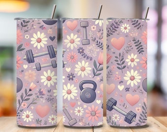 Fitness Tumbler Wrap, Gym Motivational Tumbler, Digital Dumbbells Kettlebell Design, Daisies 20oz Wrap, Fitness Fashion Girl Sublimation Png