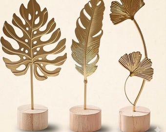 Gold Leaf Home Decor Set, Metal Leaf Sculptures, Monstera Ginkgo Feather Statue, Modern Shelf Decor, Gold Botanical Accent,  Set of 3