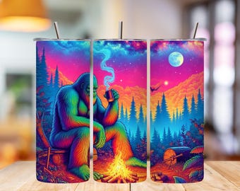 Bigfoot tumbler wrap, camping tumbler png, nature 20oz skinny sublimation design, seamless forest wrap, digital download file