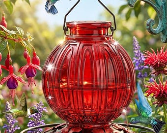 Glass Hummingbird Feeder for Outdoors Hanging, 26oz Red Nectar Bird Feeder with 5 Flower Ports & Perch, Leakproof Garden Decor