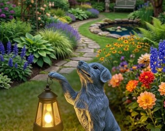 Dog Statue with Solar Lantern, Garden Statues Outdoor Decor, Solar Garden Dog Figurine, Yard Lawn Ornament, Patio Porch Balcony Decoration