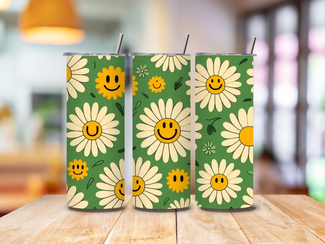 Retro Daisy Smiley Tumbler Wrap, 20oz Skinny Sublimation PNG, Vintage ...