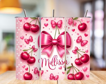 Cherry Tumbler Wrap, Coquette PNG Design, Girly Personalized 20oz Skinny Wrap, Cute Sublimation Tumbler PNG, Digital Name Download