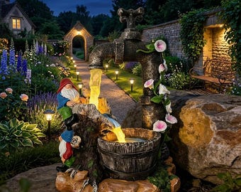 Solar Gnome Fountain Statue with LED Light, Garden Gnome Decor, Outdoor Yard Ornament, Patio Porch Decoration, Housewarming Gift for Mom