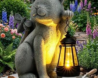 Solar Cat Garden Statue with Lantern, Outdoor Cat Figurine, Solar Garden Decor, Patio Yard Lawn Ornament, Cat Lover Gift, Housewarming Gift
