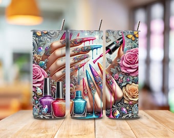Nail Tech Tumbler Wrap, Dripping Coffee Sublimation Design, 20oz Skinny Tumbler PNG, Nail Artist Digital Download, Stylish Wrap Design