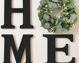 Wood HOME Sign Wall Decor with Eucalyptus Wreath, Farmhouse Wall Hanging, Rustic Wooden Letters, Living Room Decor, Entryway Decor