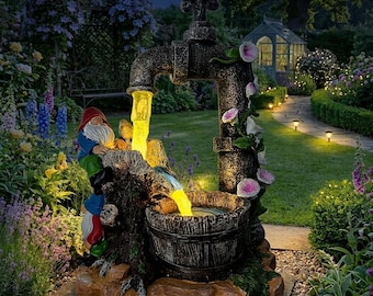 Solar Gnome Fountain Statue with LED Light, Garden Gnome Decor, Outdoor Yard Ornament, Patio Porch Decoration, Housewarming Gift for Mom