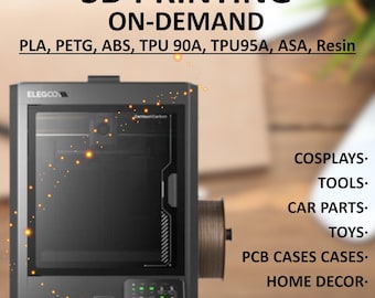 May include: A dark gray 3D printer with the text "3D PRINTING ON-DEMAND" and material types listed. The printer is labeled "ELEGGO" and the image lists items that can be printed, including cosplays, tools, car parts, toys, and home decor.