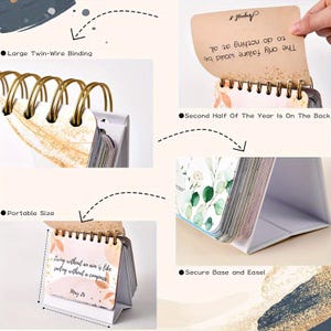 May include: A desktop calendar with a gold wire binding and a white base. The calendar features a floral design and inspirational quotes. The calendar is portable and has a secure base and easel.