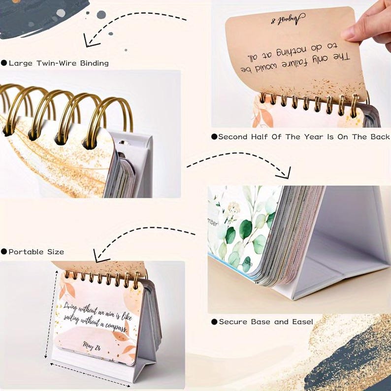 May include: A desktop calendar with a gold wire binding and a white base. The calendar features a floral design and inspirational quotes. The calendar is portable and has a secure base and easel.